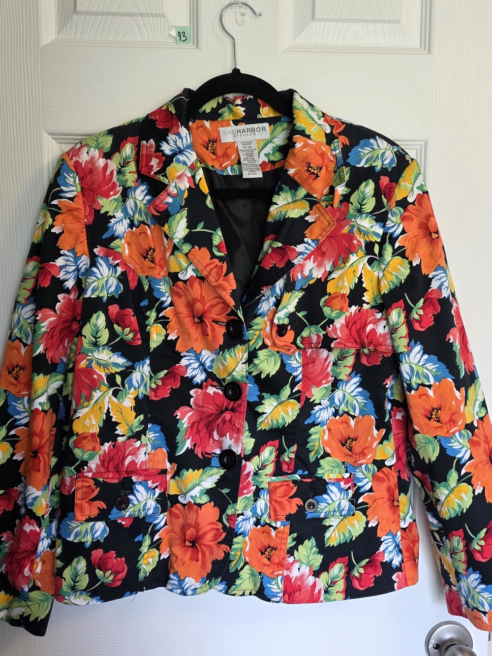 Sag Harbor Black Floral Cotton-Blend Blazer with Bright Orange & Red Blooms